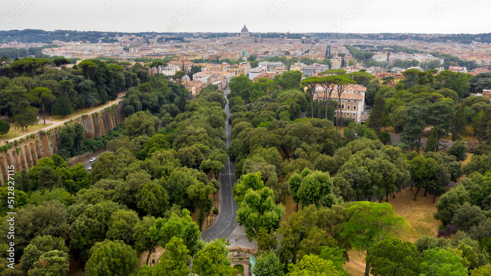 Aerial view of Villa Borghese, a landscape garden in Rome, Italy. In the park there are  buildings, museums and attractions.