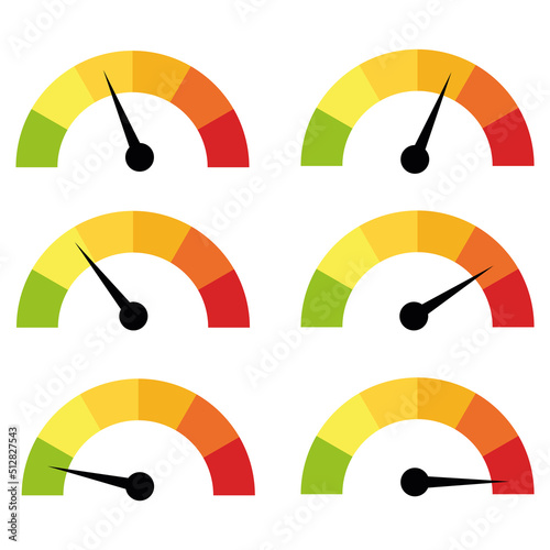 Collection of speedometer, tachometer, indicator icons. Performance measurement. White background. Vector illustration. EPS 10