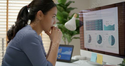 Fotografie Asia people talent young woman study hard burnout brownout bored remote learn online read data tired sitting head in hand at home office desk workplace think worry in job tough stress workforce issue