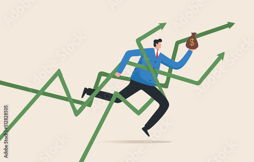 Business growth. Profit from stock market volatility. Guru experts in trading stocks or cryptocurrencies. financial profit predictions. . Businessman follows the green arrow graph.