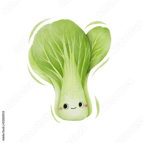 Watercolor cute bok choy cartoon character. Vector illustration.