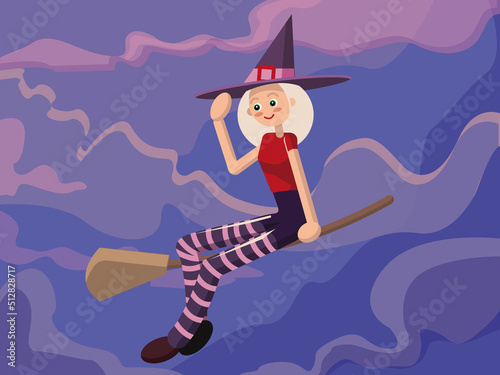 Halloween flying witch on a broomstick . Girl kid in Halloween costume vector.Halloween holiday celebration, fantasy and magic on all hallows eve in autumn season. 