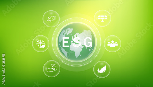 ESG icon. concept of business trend. environmental, social, and governance in sustainable and ethical business on the Network connection. with globe
on a green background.