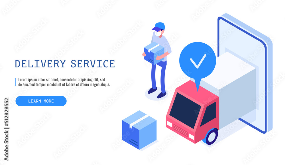 Delivery courier man holding parcel box. Delivery Service concept. Web banner. Vector illustration.