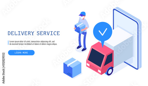 Delivery courier man holding parcel box. Delivery Service concept. Web banner. Vector illustration.