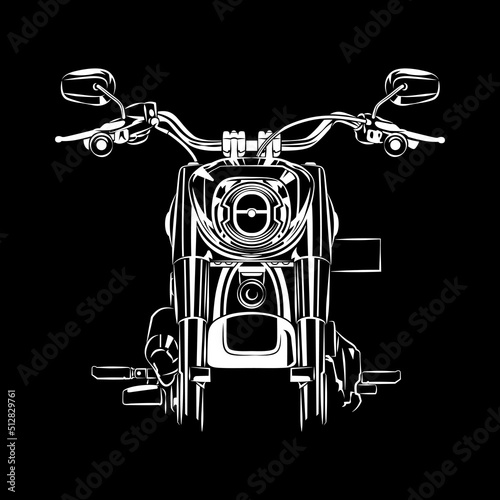 Cruiser Motorcycle Touring Silhouette Front View on Black Background. Perfect for print and cut on t-shirt, background, banner, posters, web, etc.