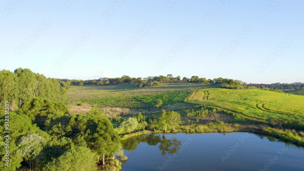 beautiful fields in sunset, summer, trees, lake, blue sky