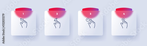 Click set icon. Tap, Index finger, knob, tapping, sliding, 3d object modeling, snap, button, arrow, sensor, key. Pressing concept. Glassmorphism style. Vector line icon for Business and Advertising