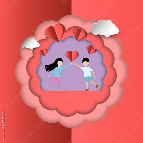 lovely joyful couple Valentine's day festival. love pink background. Vector illustration.paper art style.