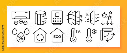 Fresh air set icon. Air conditioning, air filtration, climate control, fan, blades, virus, smart home, cleaning, thermometer, warm. Vector line icon for Business and Advertising