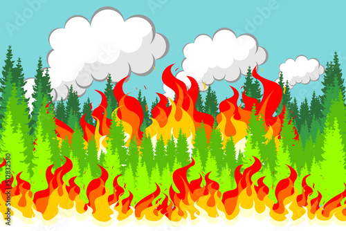 Natural disasters. Forest on fire. Illustration of air pollution due to forest fires