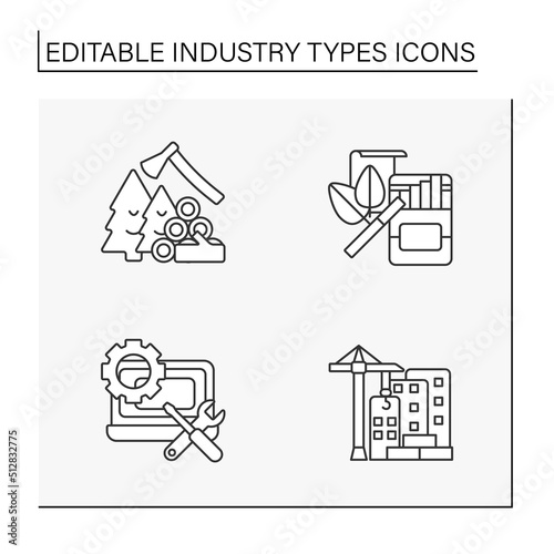 Industries line icons set. Timber, tobacco, software and construction industries. Services for people. Business concept. Isolated vector illustrations. Editable stroke
