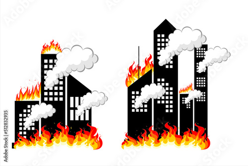 Skyscrapers on fire. Illustration of fire burning buildings