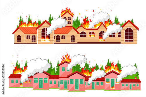 Burning house. The fire burned the house. house fire disaster