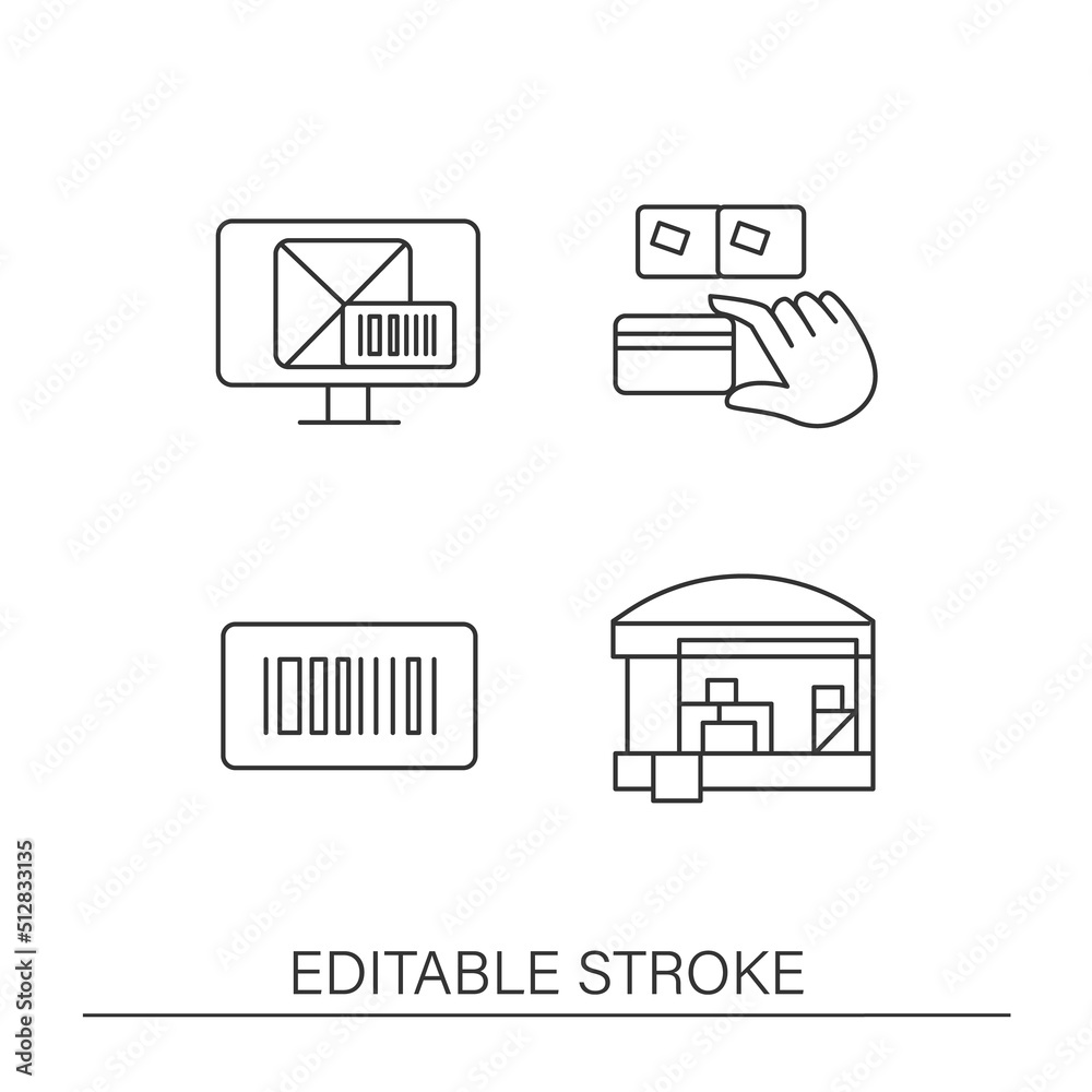 Inventory tracking line icons set. Checking and tracking cargo by barcode. Business concepts. Isolated vector illustrations. Editable stroke