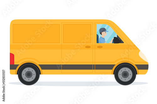 Delivery van with driver isolated on white background. Delivery service concept. Vector illustration
