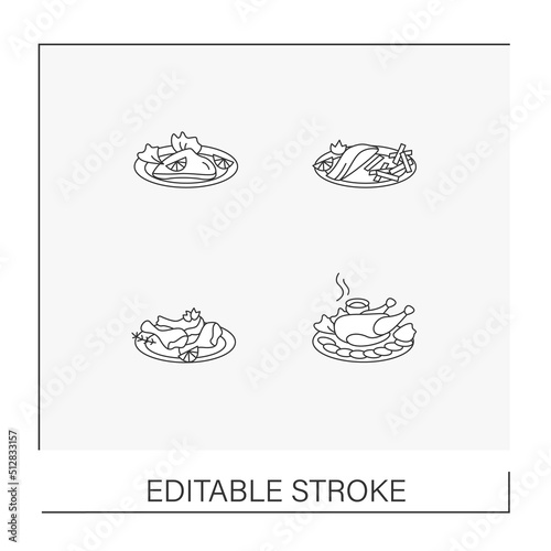 National dishes line icons set. Wiener Schnitzel,fish and chips,tandoori chicken, peking duck.Traditional cuisine recipes and ingredients. Food concepts. Isolated vector illustrations. Editable stroke