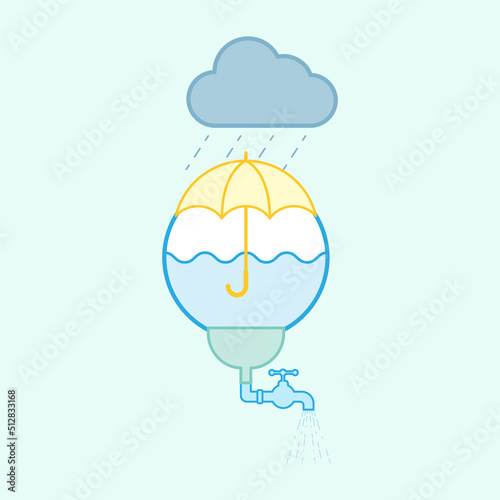 Funnel collect rainfall and storm water runoff for reuse, a gimmick of environmental benefit of rainwater harvesting. Vector illustration outline flat design style.