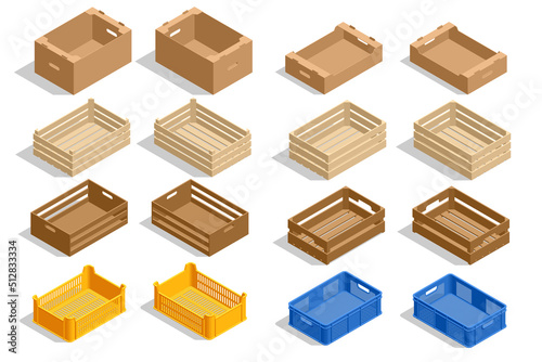 Isometric packed shipping boxes isolated on white background. Pallets, fruits and vegetables transportation containers. Wooden boxes and parcels from various isolated icons.