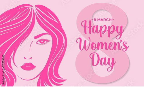 Women s Day March 8th. Greeting card for March 8th Women s Day  silhouette of woman on pink background. Vector illustration design.