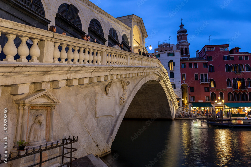 The Rialto Bridge and the Grand Canal in Venice on a summer evening