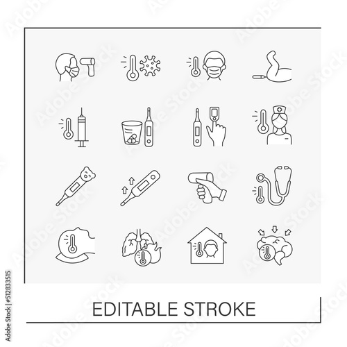 Electronic thermometer line icons set. Control body temperature. Healthcare concepts. Isolated vector illustrations. Editable stroke
