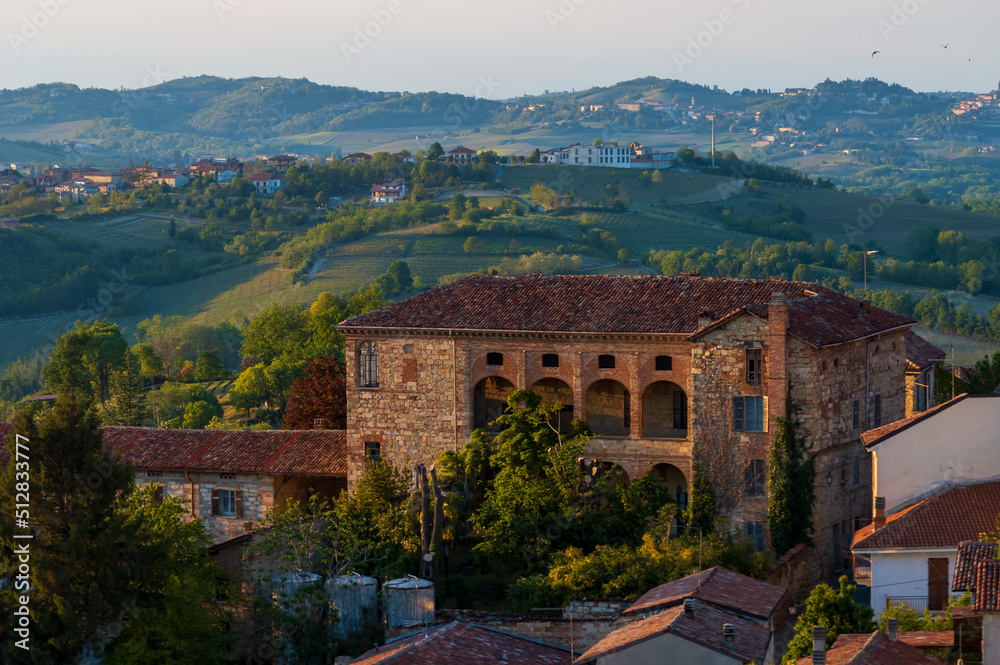 Landscape of the hills of Monferrato in Piedmont in Northern Italy at sunset time golden hour