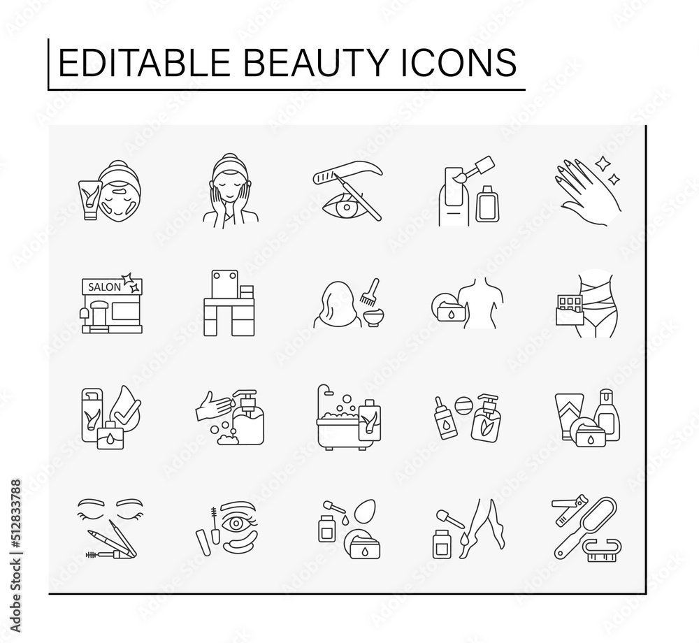 Beauty line icons set. Facial mask, makeup table, mascara and eye patches, beauty salon. Spa concept. Isolated vector illustration. Editable stroke