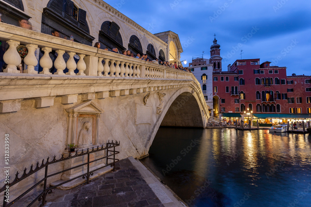 The Rialto Bridge and the Grand Canal in Venice on a summer evening