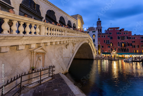 The Rialto Bridge and the Grand Canal in Venice on a summer evening