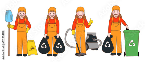 set of cleaner woman character in orange clean shirt with with cleaning and protection tools