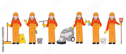set of cleaner woman character in orange clean shirt with with cleaning and protection tools