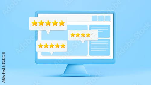 Computer 3d vector. Computer screen with customer feedback. Five stars customer review 3d. Website or application quality service feedback. Social media comment. Client feedback, online shoping.