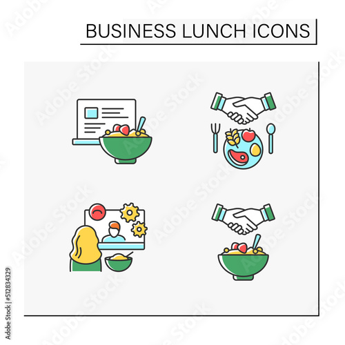 Business lunch color icons set. Working meeting at lunchtime. Video conference.Discussion between workers. Talking concept. Isolated vector illustration photo