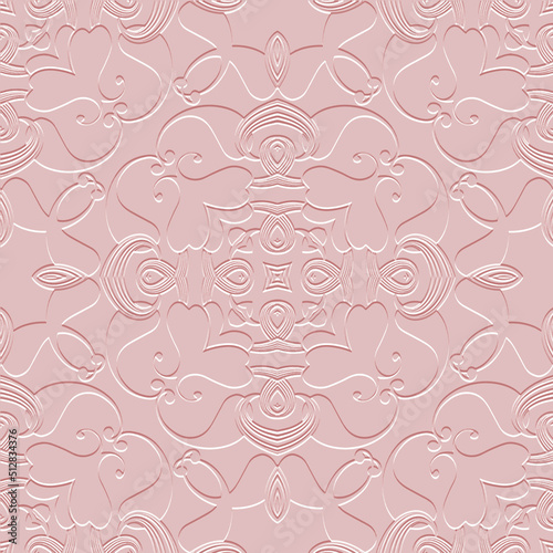 Floral textured 3d Paisley seamless pattern. Embossed ornamental floral light pink backgraund. Ethnic emboss paisley flowers ornament. Surace decorative repeat design. Abstract relief grunge backdrop