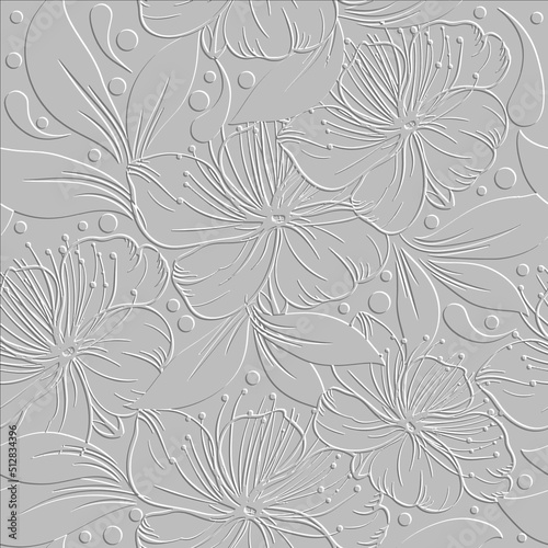 3d embossed blossom sakura lines seamless pattern. Textured beautiful flowers white relief background. Repeat emboss backdrop. 3d endless line art flowers ornaments with leaves  polka dots  paisley