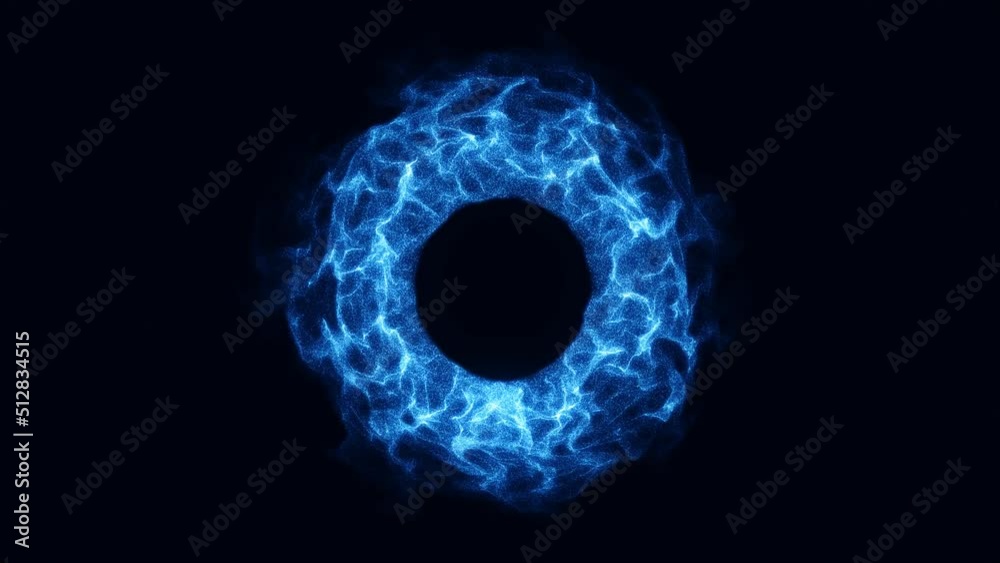 Animated neon symbol of ring of fire. Glow logo frame. Design of moving blue iris of eye. Circle of pure energy. Flaming hoop. Screensaver Cosmic. Fire Gate. Background business, technology. 4k