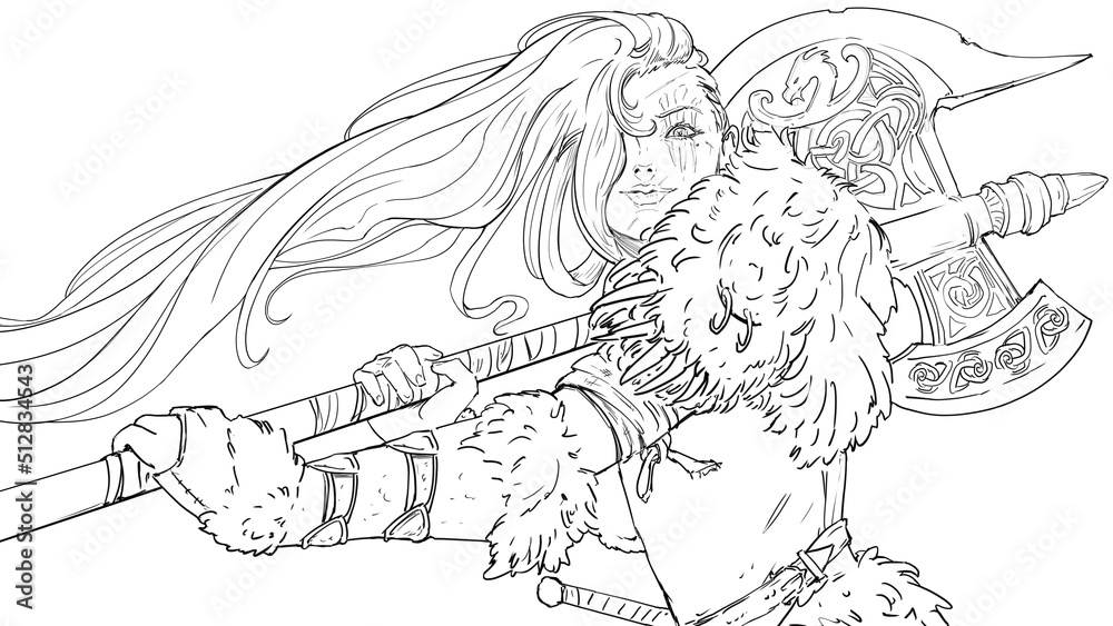 linear illustration with a Viking girl with a huge two-handed axe, she looks down brutally, her hair flutters in the wind, scars, tattoos and a self-confident smile on her face. 2d art in anime style. linear illustration with a Viking girl with a huge two-handed axe, she looks down brutally, her hair flutters in the wind, scars, tattoos and a self-confident smile on her face. 2d art in anime style.