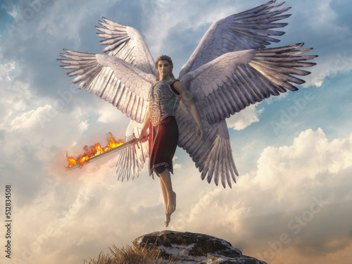 A Seraph flies just above a rock before the cloud filled heavens. It holds a flaming sword and wears armor. The Seraphim are a six winged angel of Judaism, Christianity, and Islam. 3D Rendering photo