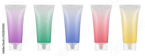 Set of plastic tubes with transparent caps. Purple, blue, green, yellow and red colors. Hand cream, mask or lotion. Gradient colors. Rainbow palette