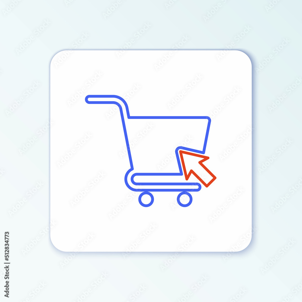 Line Shopping cart with cursor icon isolated on white background. Online buying concept. Delivery service sign. Supermarket basket symbol. Colorful outline concept. Vector Line Shopping cart with cursor icon isolated on white background. Online buying concept. Delivery service sign. Supermarket basket symbol. Colorful outline concept. Vector