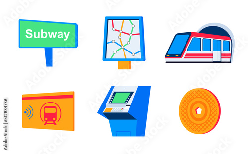 Ride in the city subway - flat design style icons set