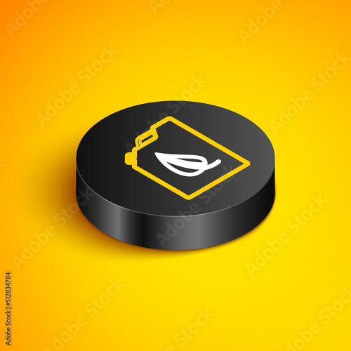 Isometric line Bio fuel canister icon isolated on yellow background. Eco bio and barrel. Green environment and recycle. Black circle button. Vector