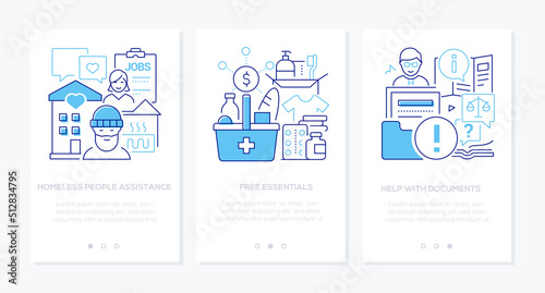 Homeless people assistance - line design style banners set