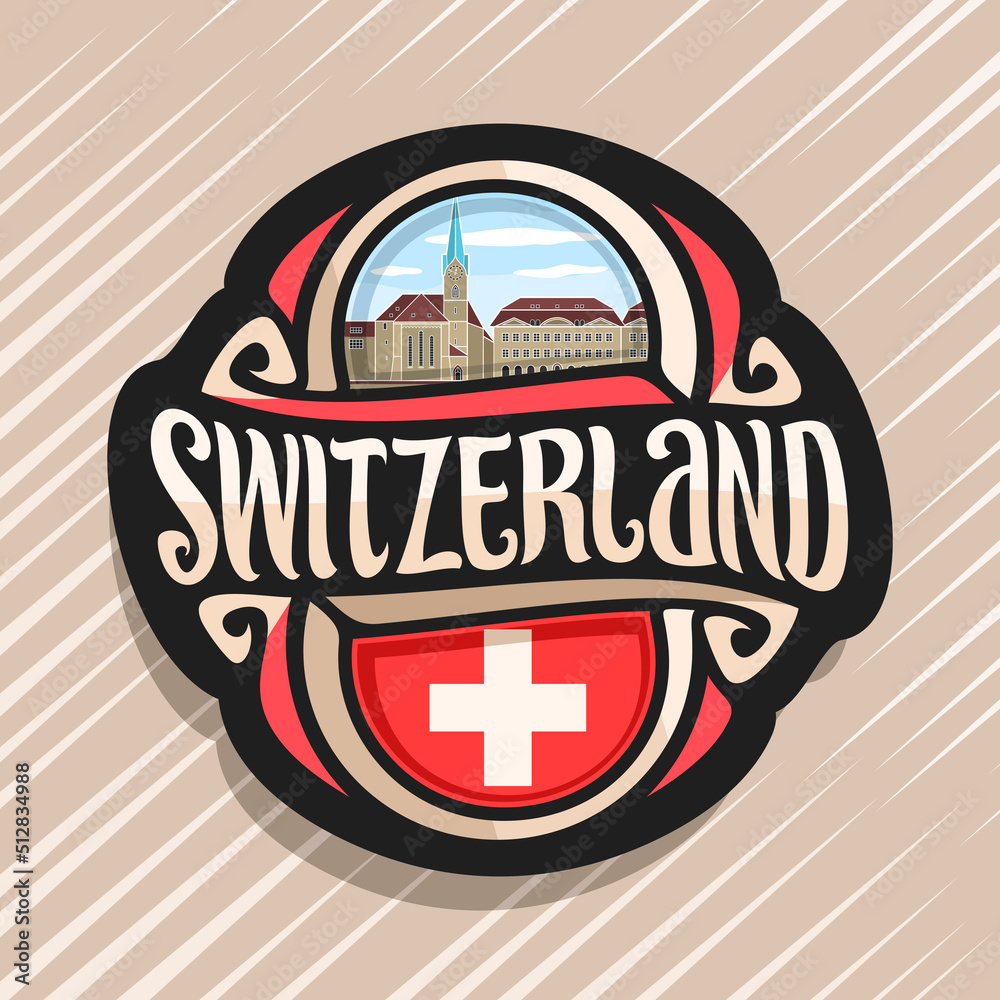 Vector logo for Switzerland country, fridge magnet with swiss flag, original brush typeface for word switzerland and national swiss symbol - Fraumunster church in Zurich on cloudy sky background Vector logo for Switzerland country, fridge magnet with swiss flag, original brush typeface for word switzerland and national swiss symbol - Fraumunster church in Zurich on cloudy sky background