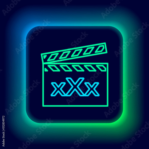 Glowing neon line Movie clapper with inscription Sex icon isolated on black background. Age restriction symbol. 18 plus content sign. Adult channel. Colorful outline concept. Vector
