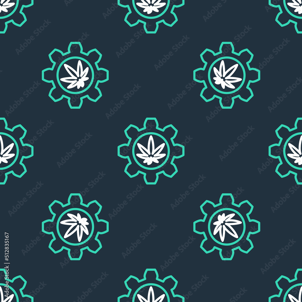 Line Chemical test tube with marijuana or cannabis leaf icon isolated seamless pattern on black background. Research concept. Laboratory CBD oil concept. Vector