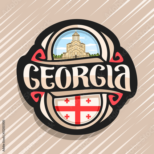 Vector logo for Georgia country, fridge magnet with georgian flag, original brush typeface for word georgia and national georgian symbol - Holy Trinity Cathedral of Tbilisi on cloudy sky background