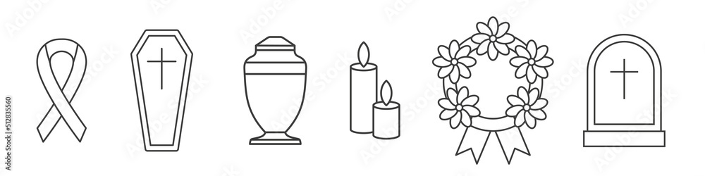 set of funeral line icons: mourning ribbon, coffin, urn, candles, wreath and grave- vector illustration set of funeral line icons: mourning ribbon, coffin, urn, candles, wreath and grave- vector illustration