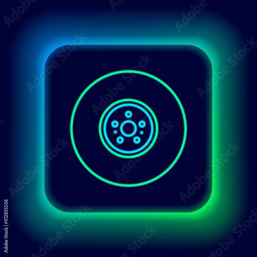 Glowing neon line Car brake disk icon isolated on black background. Colorful outline concept. Vector